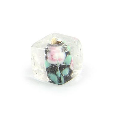 Perle cube en verre transparent centre noir fleuri - 11 mm