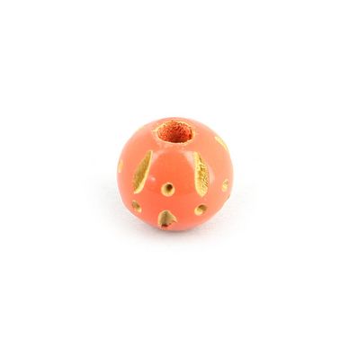 Perle ronde bois creusé traits et points rose corail - 11 mm