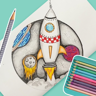 Dessiner une jolie fusée avec les crayons Sparkle Faber-Castell