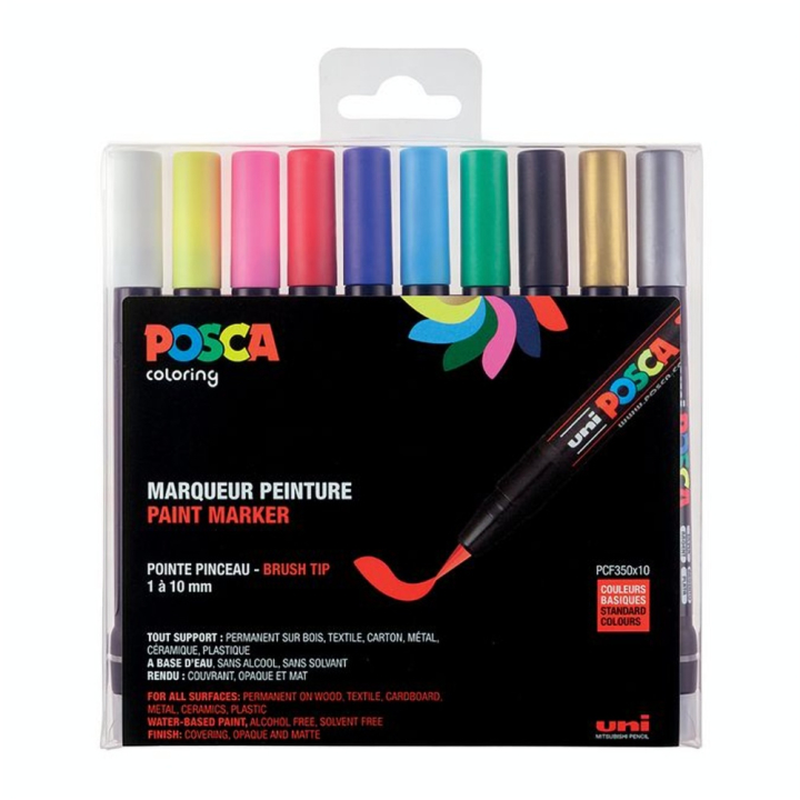 Boite de 10 feutres pinceau assorties PCF-350 - Posca - Rougier et Plé