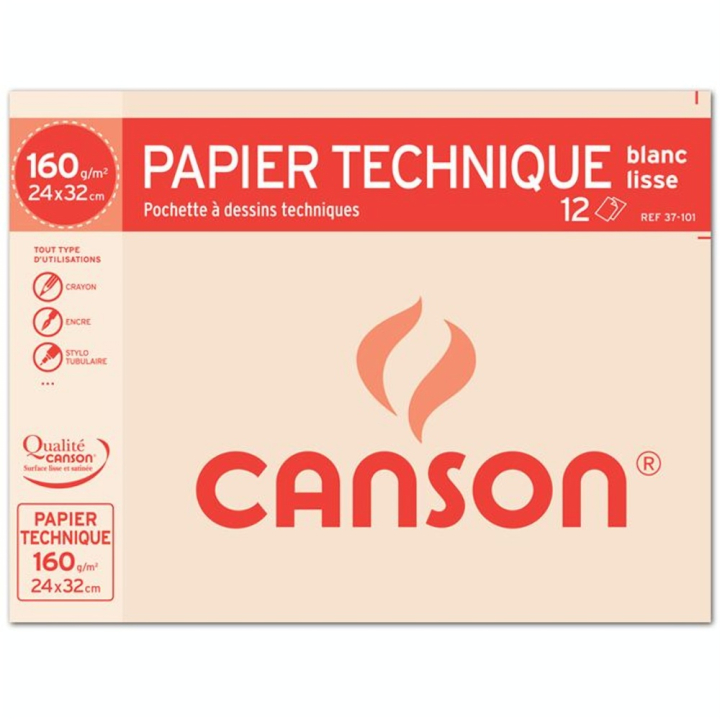 Papier Lavis technique 160g 24 x 32cm pochette de 12 feuilles - Canson - Rougier et Plé