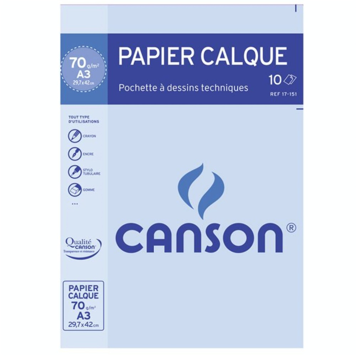 Papier calque 70g A3 pochette de 10 feuilles - Canson - Rougier et Plé