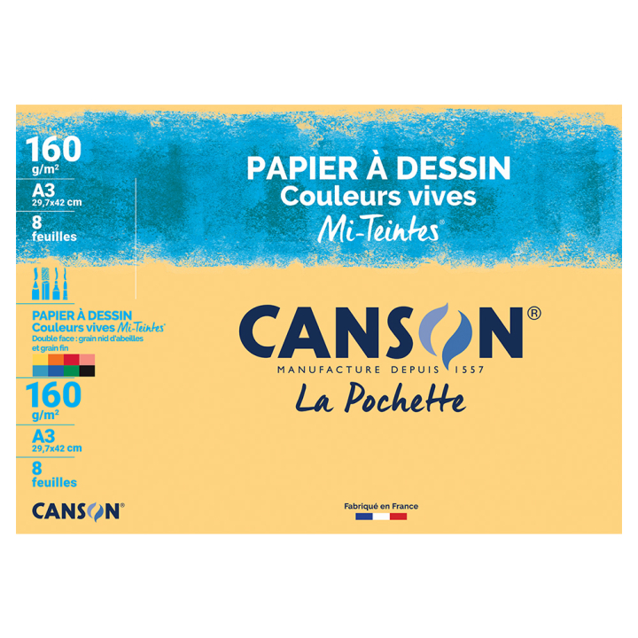 Papier Mi-Teintes 160g A3 pochette de 8 feuilles assorties - Canson - Rougier et Plé