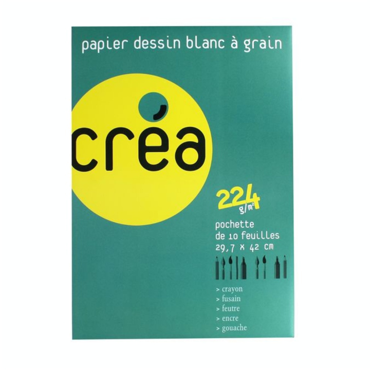 Papier à dessin blanc à grain 224 g A3 - pochette de 10 feuilles - Créa - Rougier et Plé