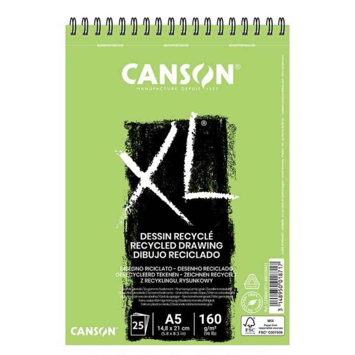 Canson XL Recycled grain fin 160g/m², bloc spiralé petit côté 14,8 x 21cm - Canson - Rougier et Plé