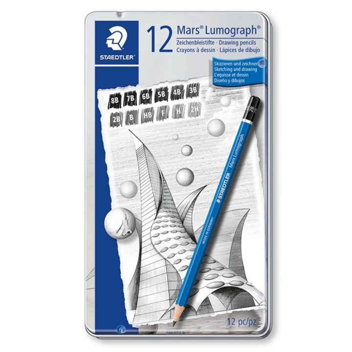 Mars Lumograph boîte métal 12 crayons graphite assortis 8B à 2H - Staedtler - Rougier et Plé