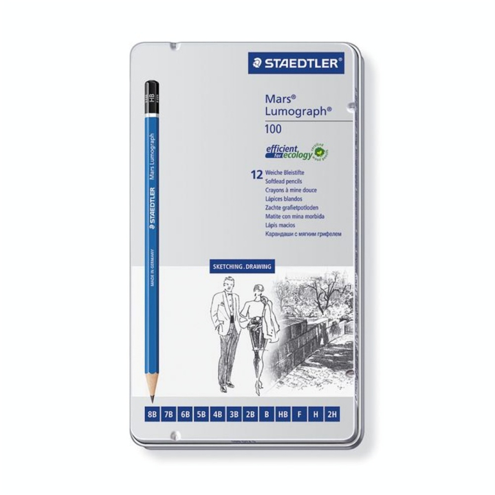 Mars Lumograph boîte métal 12 crayons graphite assortis 8B à 2H - Staedtler - Rougier et Plé