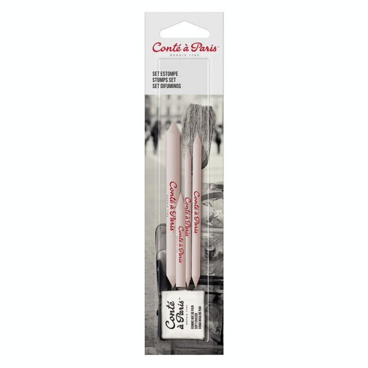 Set de 3 estompes diamètre 5 mm, 7,5 mm, 9,5 mm + tortillon + gomme mie de pain - Conté à Paris - Rougier et Plé