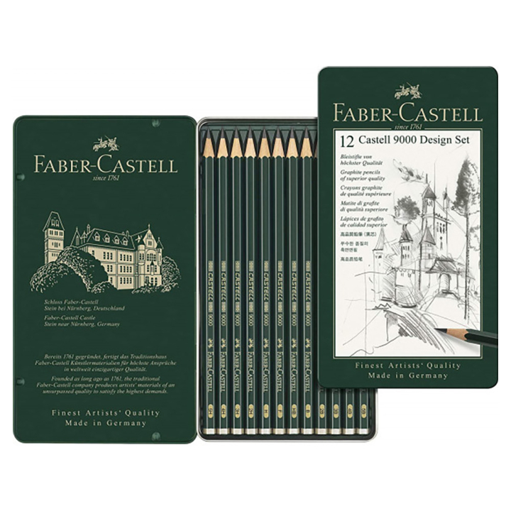 Boîte métal 12 crayons graphite  CASTELL 9000  DESIGN  - Faber-Castell - Rougier et Plé