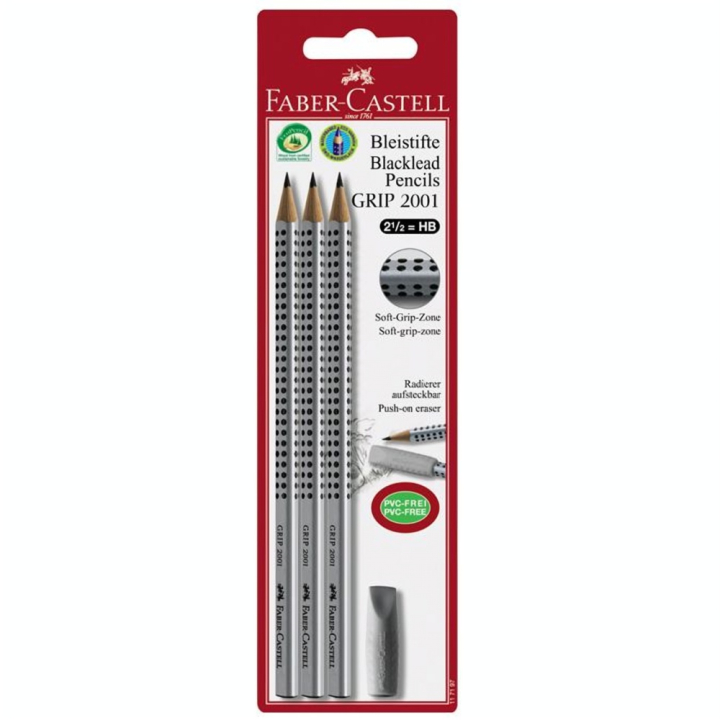 Crayons graphite Grip 2001 HB par 3 + gomme - Faber-Castell - Rougier et Plé