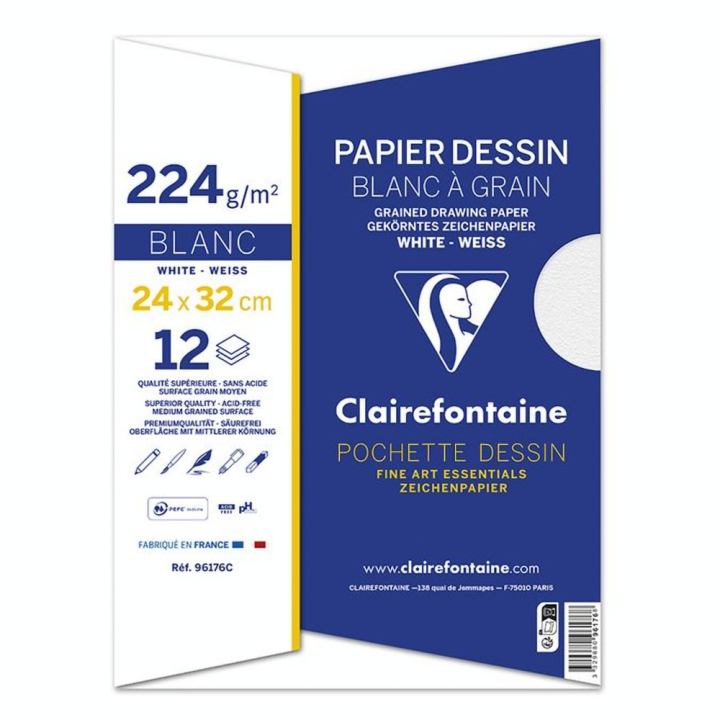 Papier Dessin Blanc à grain 24 x 32 cm 224 g/m² par 12 - Clairefontaine - Rougier et Plé