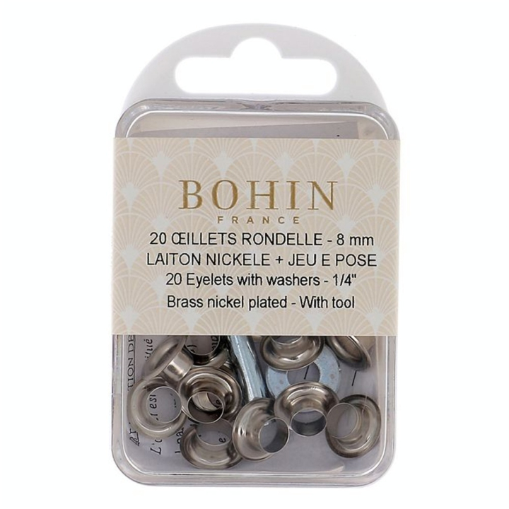 Œillets nickelés 8 mm et rondelles par 20 + kit de pose - Bohin - Rougier et Plé