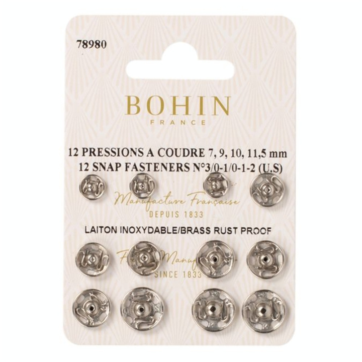 Bouton pression à coudre tailles assorties argent par 12 - Bohin - Rougier et Plé
