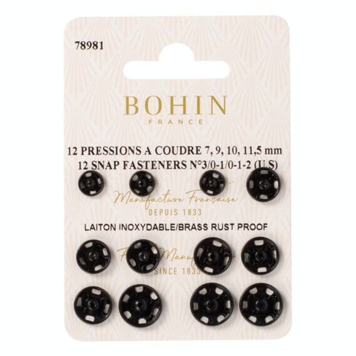 Bouton pression à coudre tailles assortis noir par 12 - Bohin - Rougier et Plé