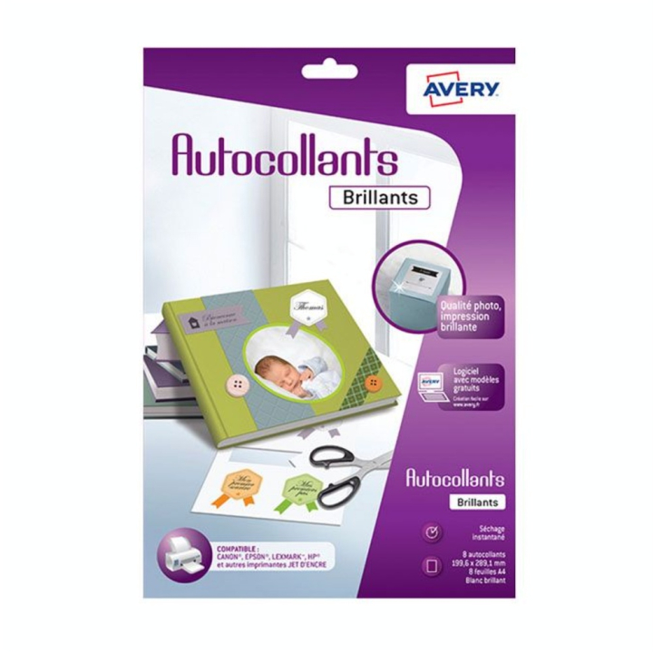 Feuille autocollante Blanc brillant 19,9 x 28,9 cm - 8 pcs - Avery - Rougier et Plé