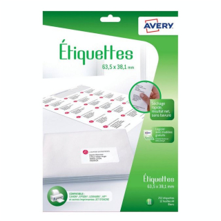 Etiquettes à adresse Blanc mat 38,1 x 63,5 mm 252 pcs sur 12 feuilles A4 - Avery - Rougier et Plé