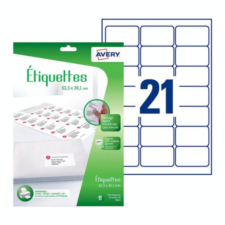 Etiquettes à adresse Blanc mat 38,1 x 63,5 mm 252 pcs sur 12 feuilles A4 - Avery - Rougier et Plé