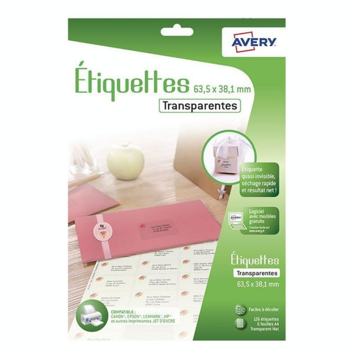 Etiquettes à adresse Transparentes 38,1 x 63,5 mm 126 pcs sur 6 feuilles A4 - Avery - Rougier et Plé