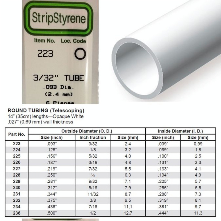 Tube rond en plastique 350 x 2,4 mm Ø Int 0,99 mm - 6 pcs - Evergreen Scale Models - Rougier et Plé