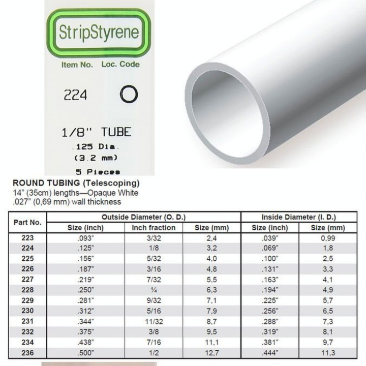 Tube rond en plastique 350 x 3,2 mm Ø Int 1,8 mm - 5 pcs - Evergreen Scale Models - Rougier et Plé
