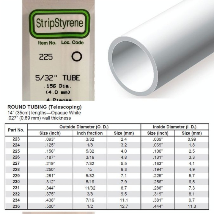 Tube rond en plastique 350 x 4 mm Ø Int 2,5 mm  - 4 pcs - Evergreen Scale Models - Rougier et Plé