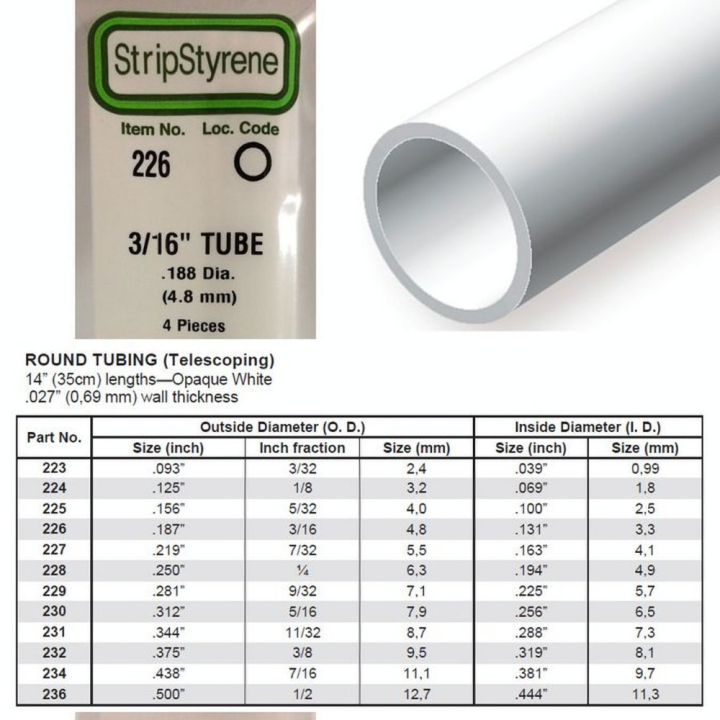 Tube rond en plastique 350 x 4,8 mm Ø Int 3,3 mm - 4 pcs - Evergreen Scale Models - Rougier et Plé