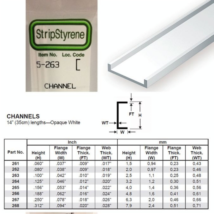 Baguette profile en U en plastique 350 x 2,5 x 1,1 mm - 4 pcs - Evergreen Scale Models - Rougier et Plé