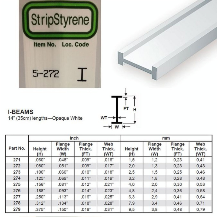 Baguette profile en I en plastique 350 x 2 x 1,3 mm - 4 pcs - Evergreen Scale Models - Rougier et Plé