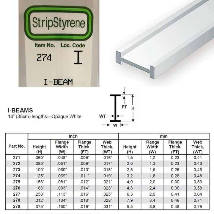 Baguette profile en I en plastique 350 x 3,2 x 1,8 mm - 4 pcs - Evergreen Scale Models - Rougier et Plé