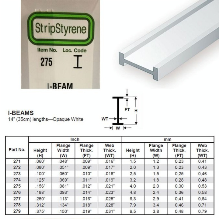 Baguette profile en I en plastique 350 x 4 x 2 mm - 3 pcs - Evergreen Scale Models - Rougier et Plé
