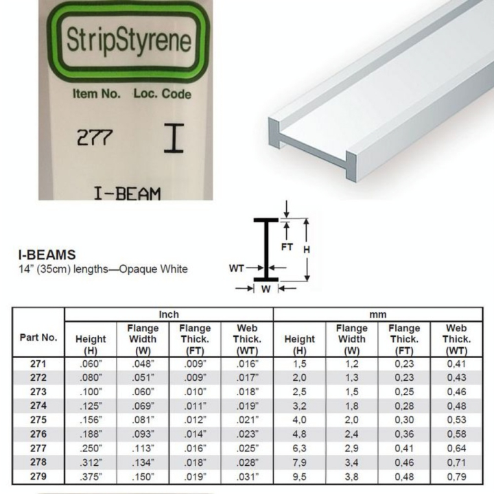 Baguette profile en I en plastique 350 x 6,3 x 2,9 mm - 3 pcs - Evergreen Scale Models - Rougier et Plé