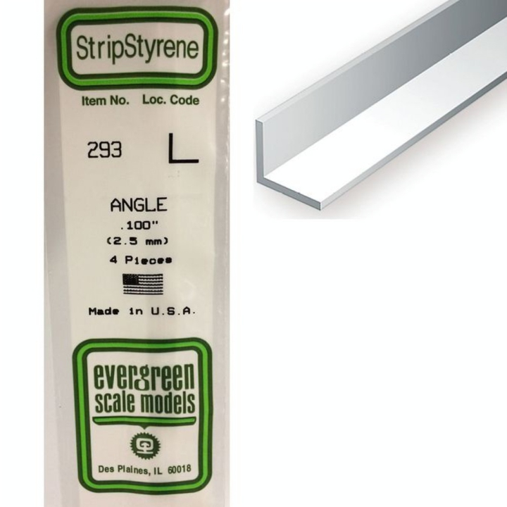 Baguette profile en L en plastique 350 x 2,5 x 2,5 mm - 4 pcs - Evergreen Scale Models - Rougier et Plé