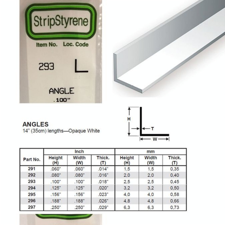 Baguette profile en L en plastique 350 x 2,5 x 2,5 mm - 4 pcs - Evergreen Scale Models - Rougier et Plé