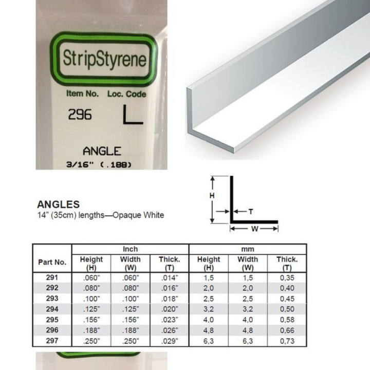 Baguette profile en L en plastique 350 x 4,8 x 4,8 mm - 3 pcs - Evergreen Scale Models - Rougier et Plé