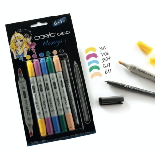 Marqueur à alcool double-pointe Ciao Set manga 5 couleurs n° 1 + Multiliner - Copic - Rougier et Plé