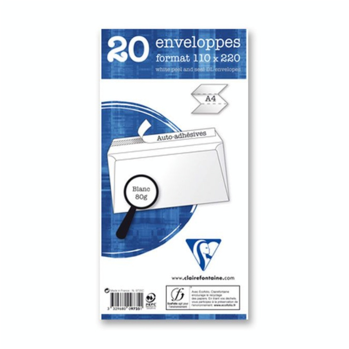 Enveloppe adhésive à Fenêtre 110 x 220 80 g/m² 20 pcs - Clairefontaine - Rougier et Plé