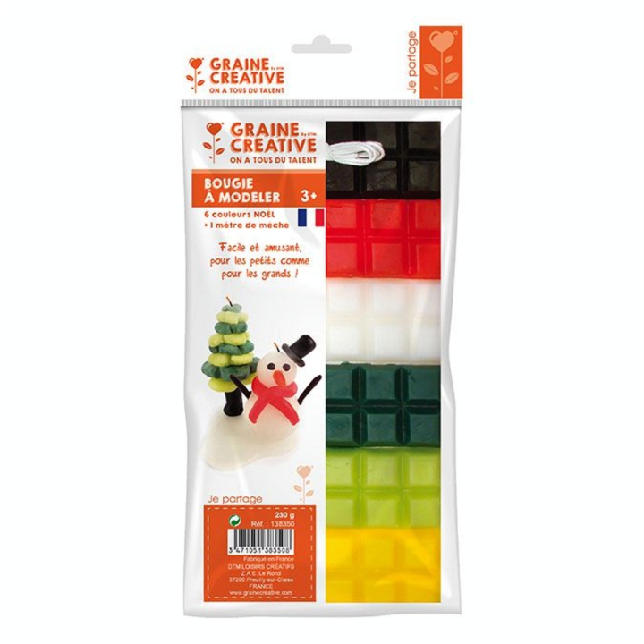 Cire à modeler couleurs Noël 6 x 40 g + Mèche 1 m - Graine Créative - Rougier et Plé