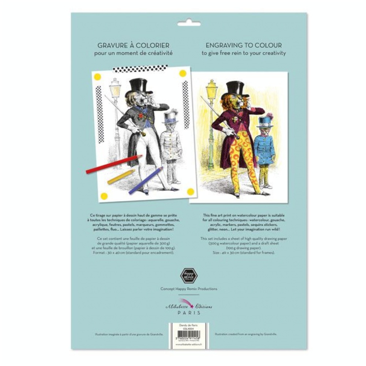 Gravure à colorier 30 x 40 cm 300 g/m² + 100 g/m² Dandy de Paris - Alibabette Éditions - Rougier et Plé