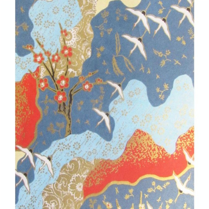 Papier Japonais 52 x 65,5 cm 100 g/m² Grues et cerisiers fond bleu - Esprit Papier - Rougier et Plé