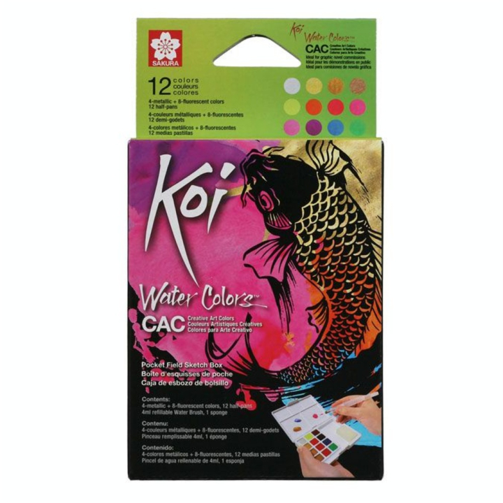 Aquarelle Koi 12 demi-godets couleurs Métalliques et Fluo - Sakura - Rougier et Plé