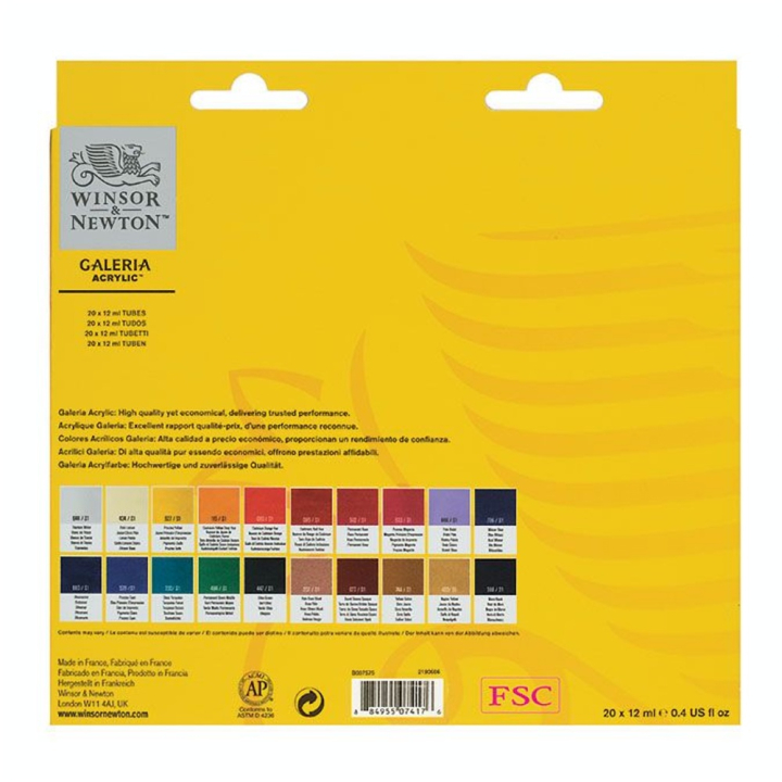 Peinture acrylique fine Galeria Assortiment 20 tubes 12 ml - Winsor & Newton - Rougier et Plé