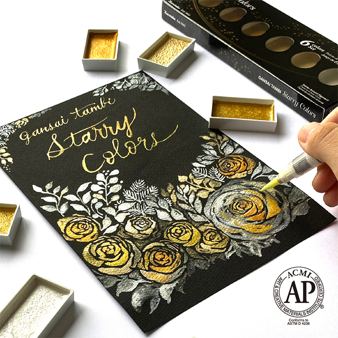 Aquarelle japonaise Gansai Tambi Set 6 godets Nacrés Starry - Kuretake - Rougier et Plé