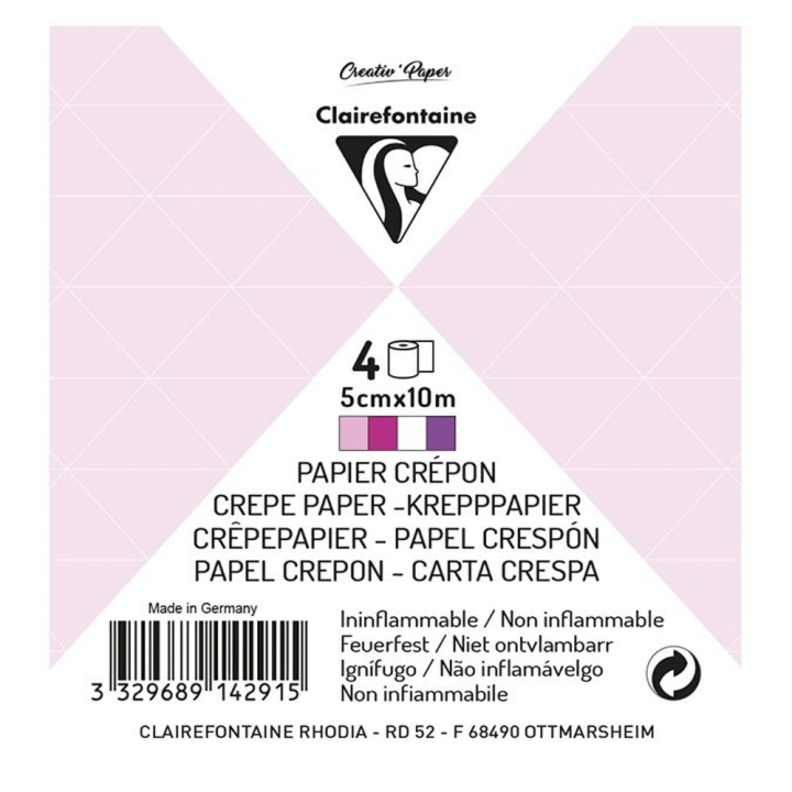 Bandes de papier crépon ignifugé Assortiment Rose 5 cm x 10 m 4 pcs - Clairefontaine - Rougier et Plé