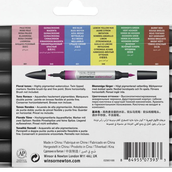 Marqueur d'aquarelle double pointe Set tons Floraux 6 pcs - Winsor & Newton - Rougier et Plé