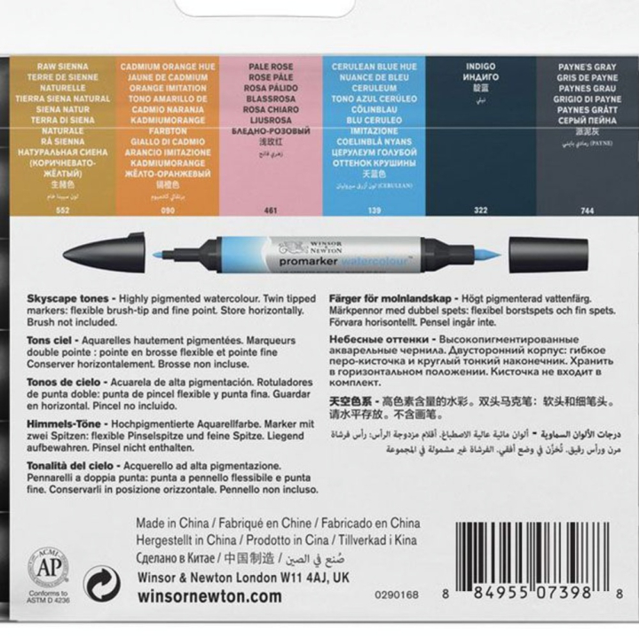 Marqueur d'aquarelle double pointe Set tons Ciel 6 pcs - Winsor & Newton - Rougier et Plé