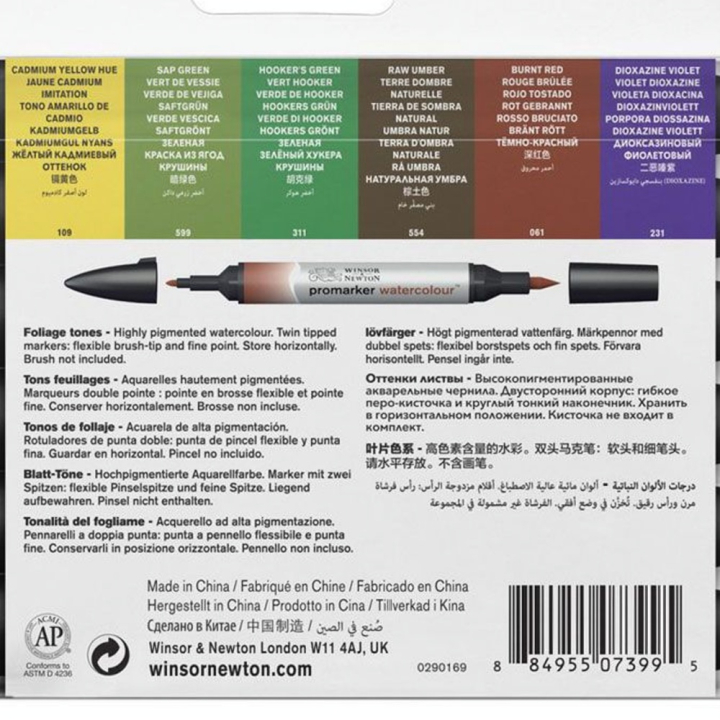 Marqueur d'aquarelle double pointe Set tons Feuillage 6 pcs - Winsor & Newton - Rougier et Plé