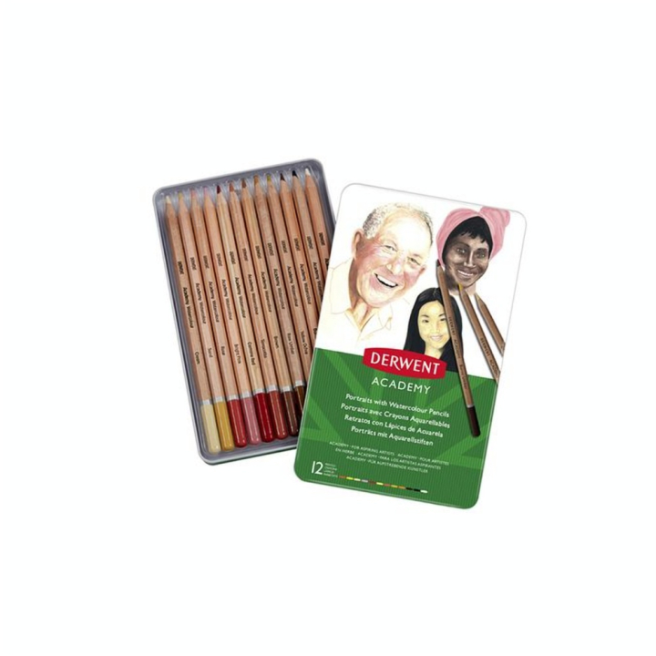 Crayon de couleur aquarellable Academy Boîte métal 12 pcs Portrait - Derwent - Rougier et Plé