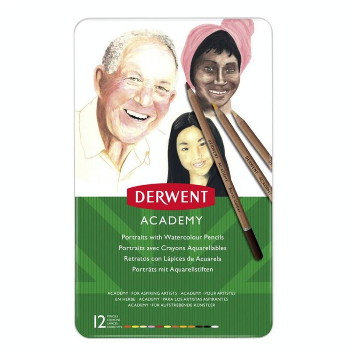 Crayon de couleur aquarellable Academy Boîte métal 12 pcs Portrait - Derwent - Rougier et Plé