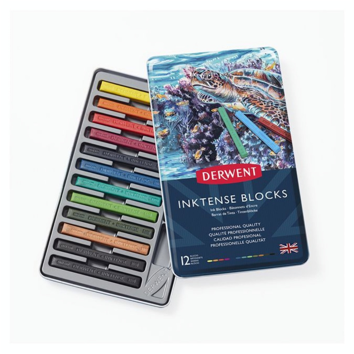 Carré d'encre aquarellable Inktense Block Boîte métal 12 pcs - Derwent - Rougier et Plé