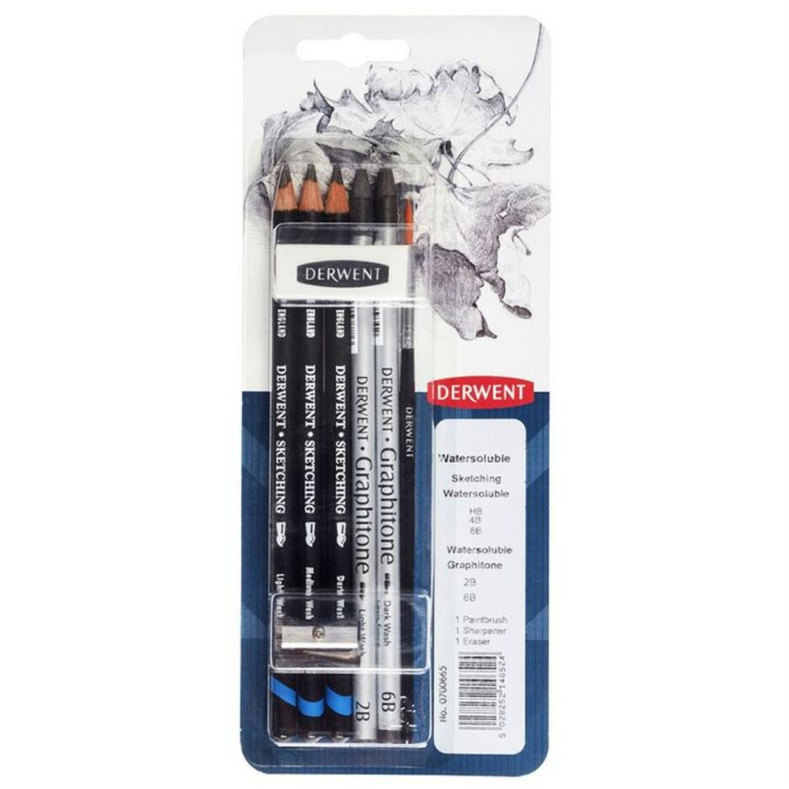 Crayon aquarellable Sketching + Graphitone + accessoires 8 pcs - Derwent - Rougier et Plé